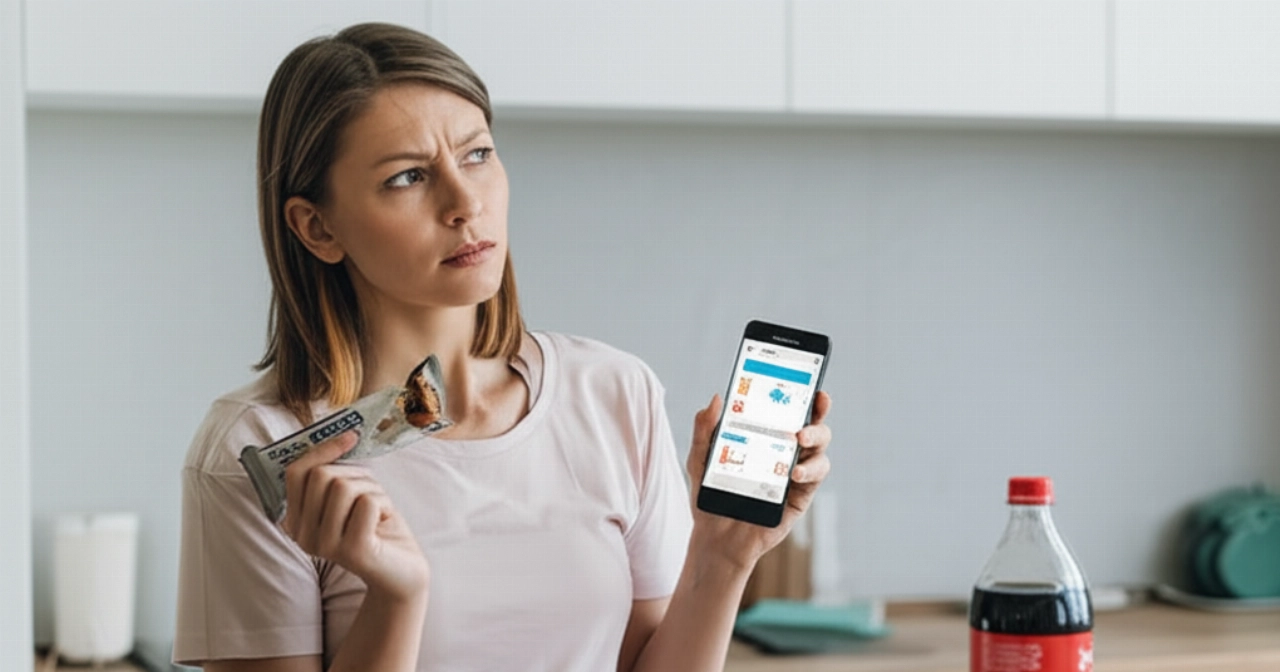 Una donna caucasica confusa in cucina esamina una barretta proteica e un'app di calorie, circondata da cibi apparentemente sani ma ingannevoli, che simboleggiano errori dietetici.