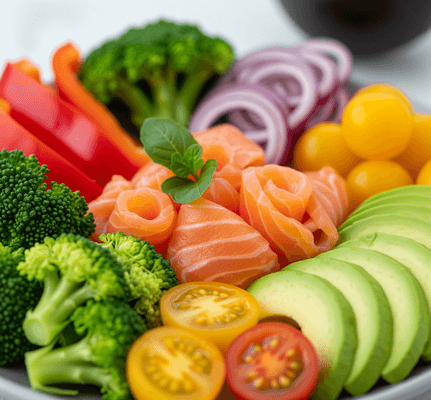 Piatto colorato con salmone, avocado e verdure fresche